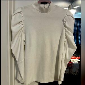 Fancy Cream Ruched Puff Sleeve Blouse w/ Mock Turtle Neck & Button Closure